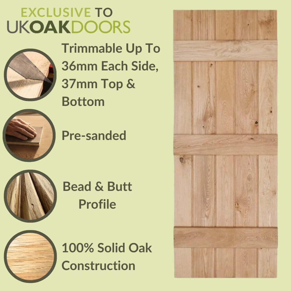 Solid Oak Rustic 3 Ledged Bead & Butt Barn Door - Image 3