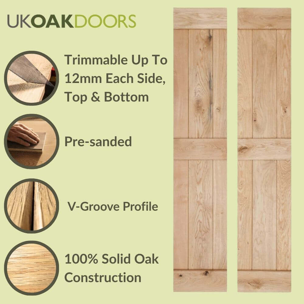 Solid Oak Rustic Bi Fold 3 Ledge V-Groove Profile Cottage Door - Image 4